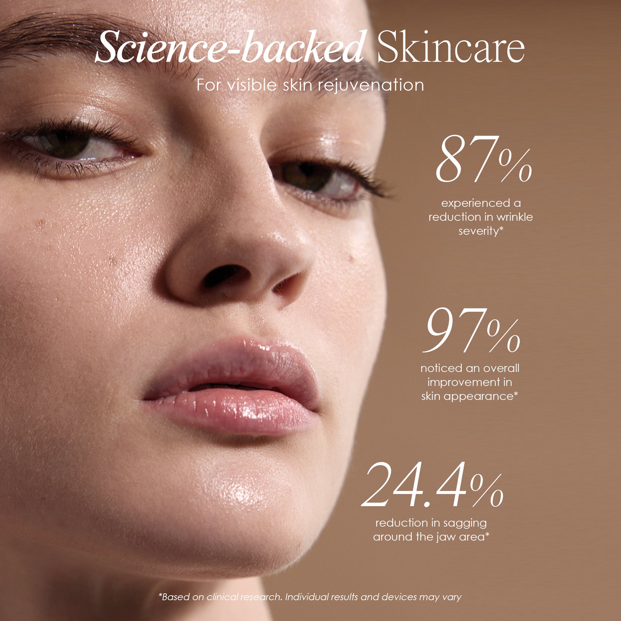 SkinSonic ultrasound therapy wand showing clinical research statistics of ultrasound therapy and LED light therapy